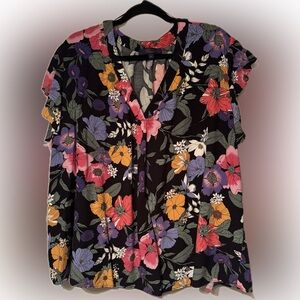 RACHEL Rachel Roy Sz 3X Multicolor Floral Blouse w/ ruffle sleeves, v-neck,rayon